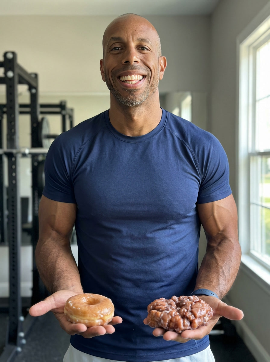 Adam holding donuts in a bakery